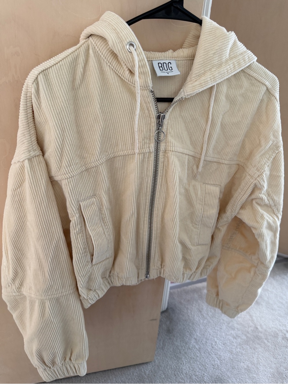 BDG Cream Corduroy Zip-Up Hooded Jacket